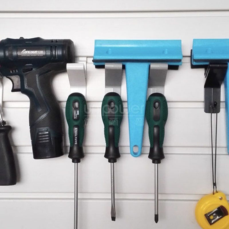 Painel de parede de garagem de ripas, organizador doméstico, ganchos de plástico Slatwall